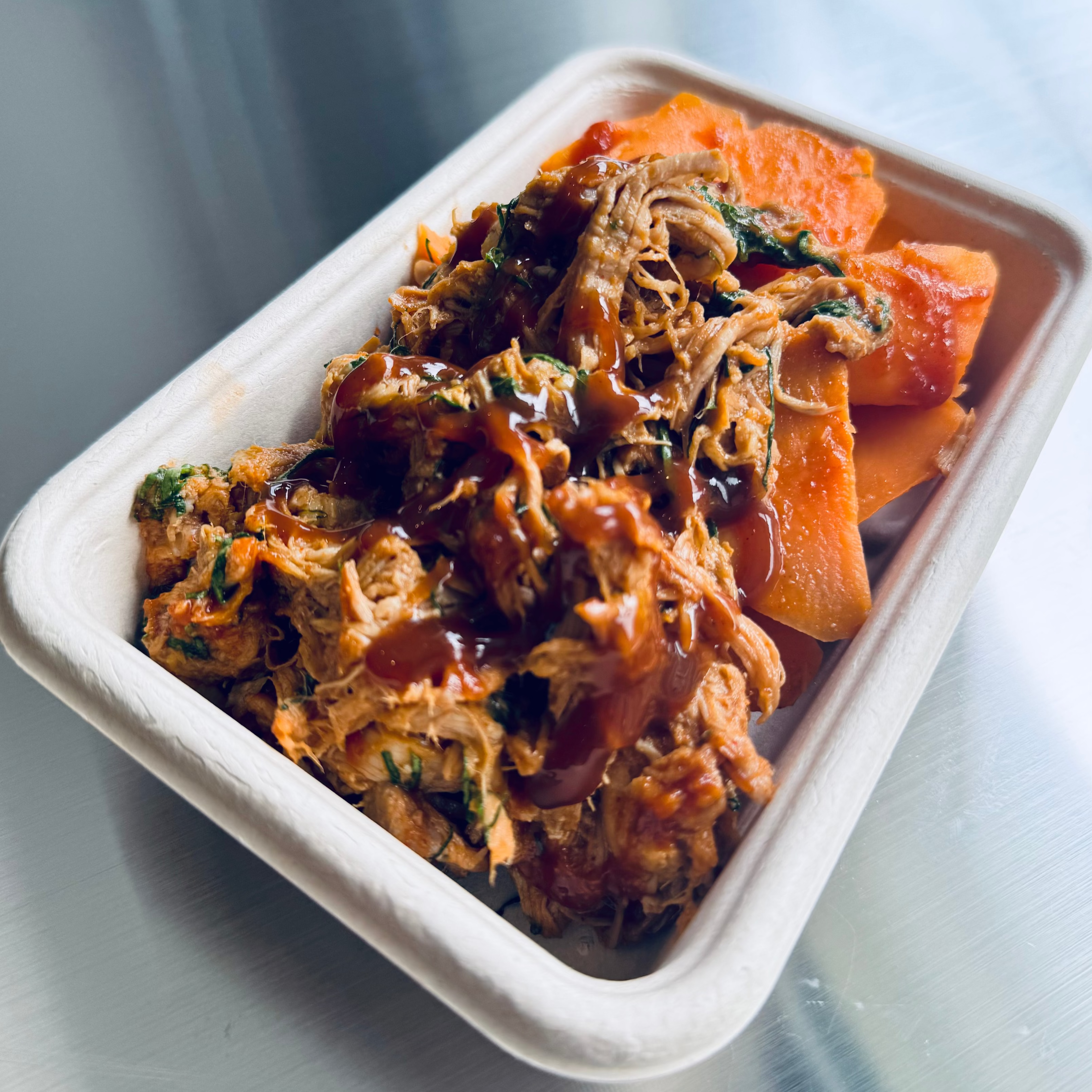 BBQ Pulled Pork w/Steamed Sweet Potato